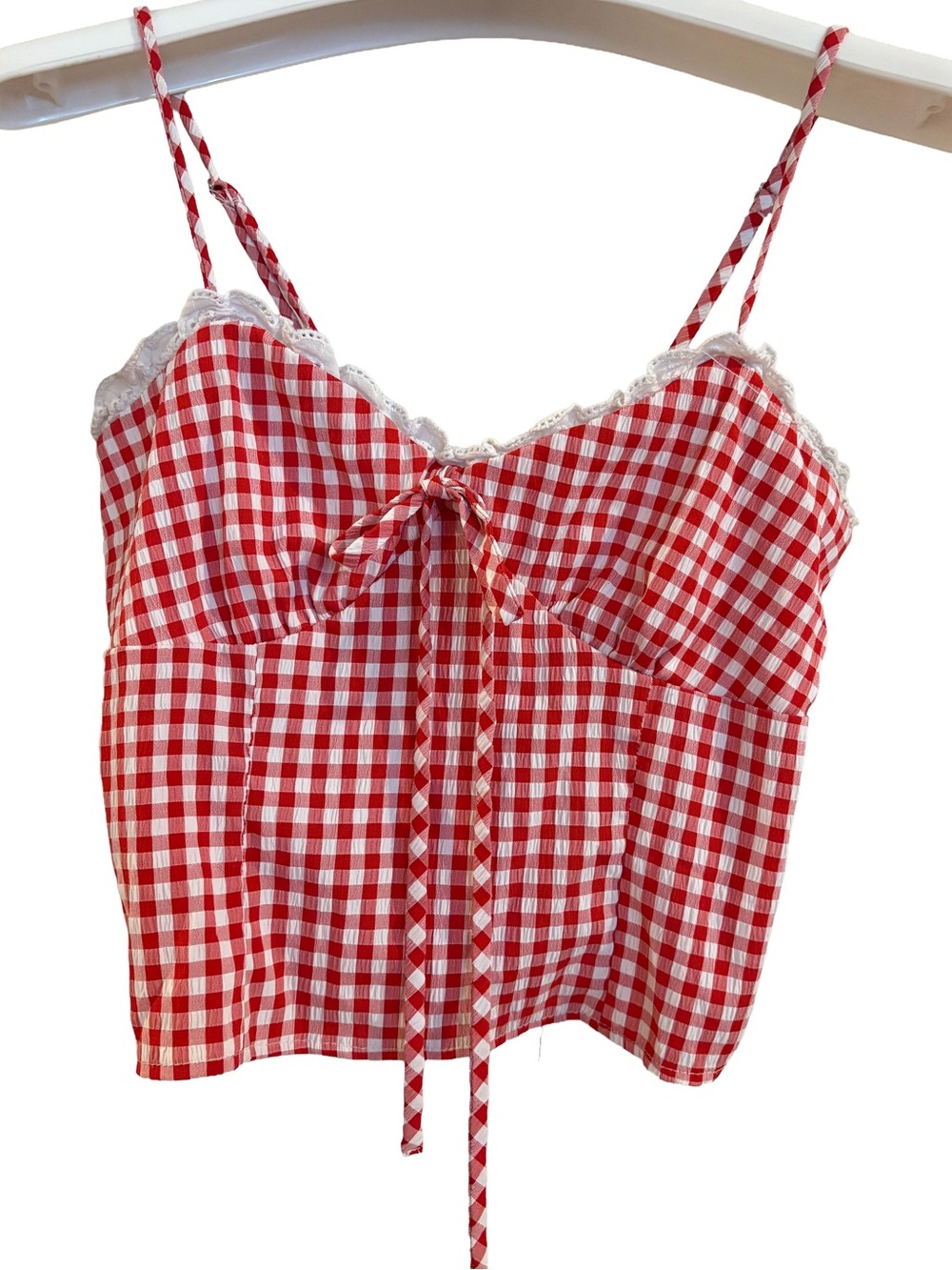 Women’s Red Gingham Lace-Trim Cami Top, Size S. Game day fit!